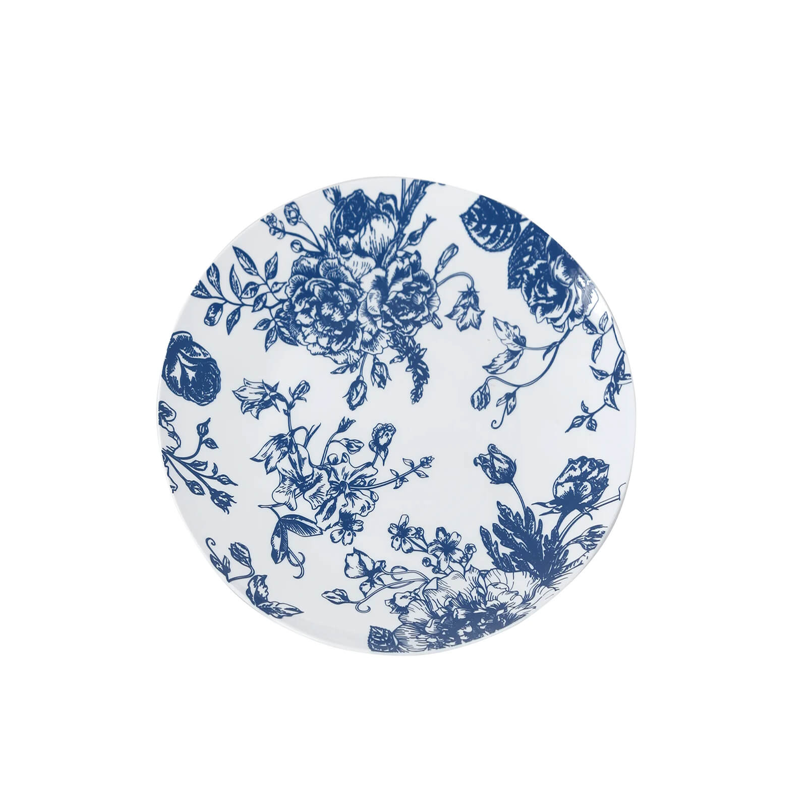 10-Pack French Toile Plastic Salad Plates – Blue & White Floral, 7" Round Disposable Dessert Plates