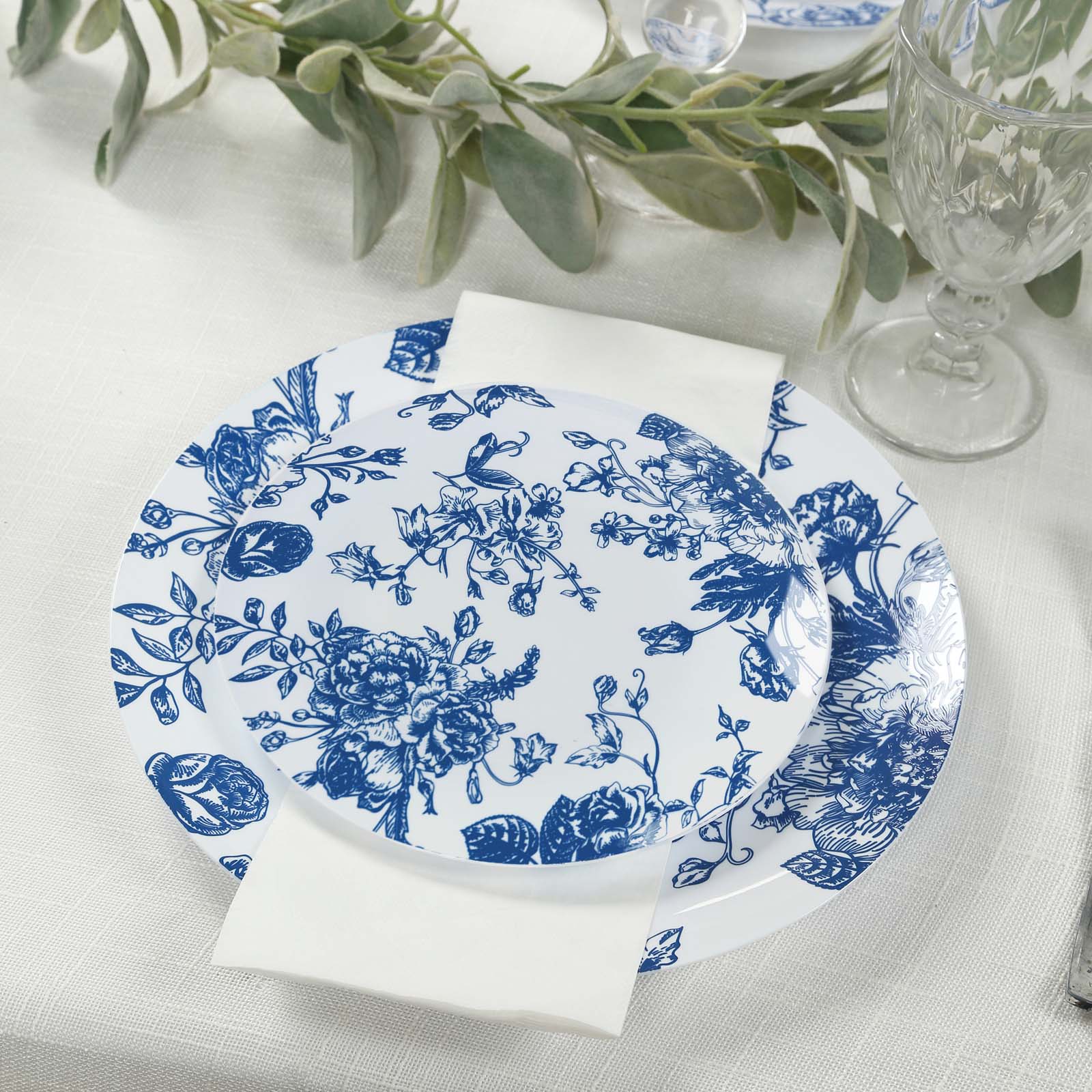 10-Pack French Toile Plastic Salad Plates – Blue & White Floral, 7" Round Disposable Dessert Plates