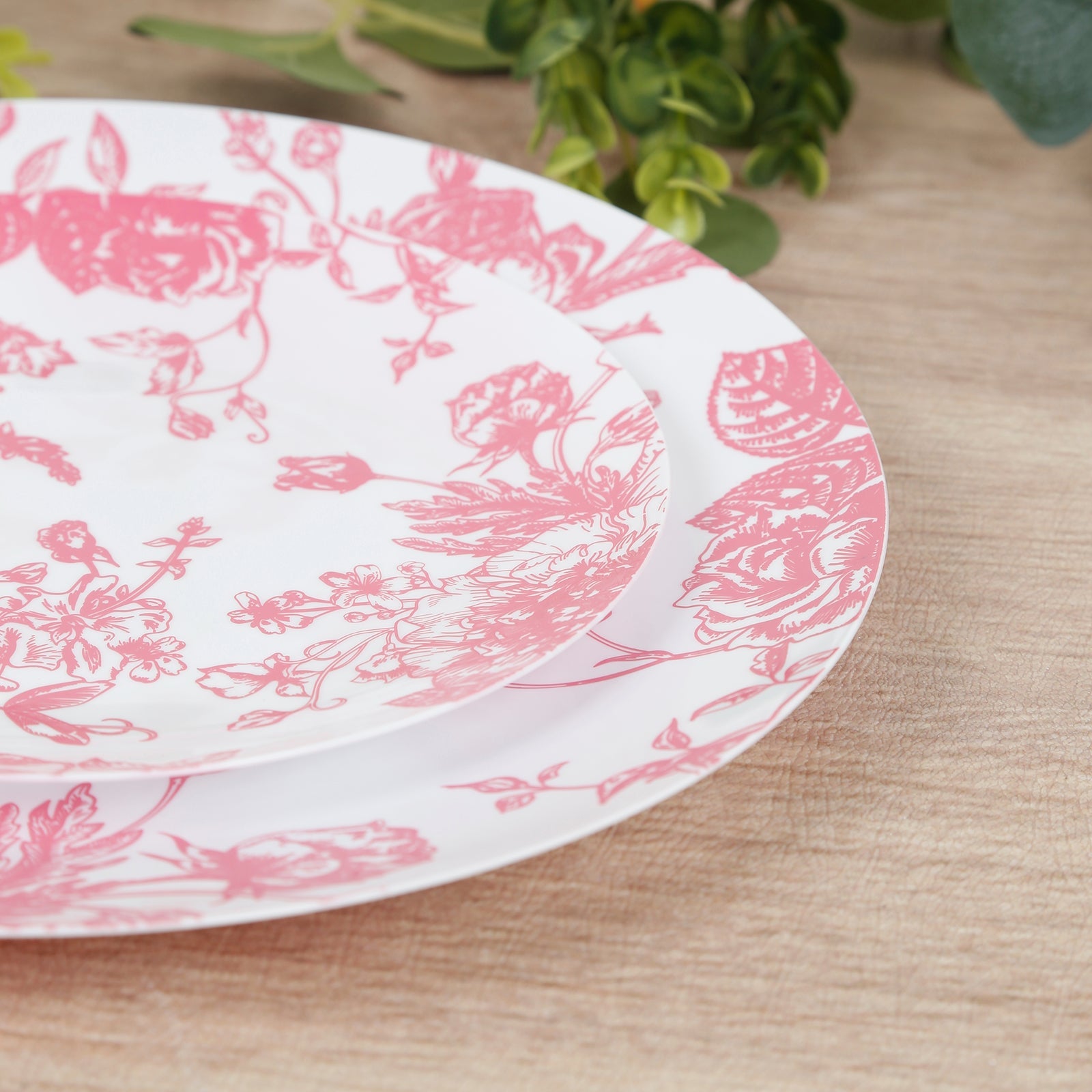 10-Pack French Toile Plastic Salad Plates – Pink & White Floral, 7" Round Disposable Dessert Plates