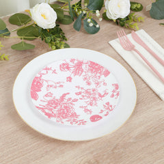 10-Pack French Toile Plastic Salad Plates – Pink & White Floral, 7" Round Disposable Dessert Plates