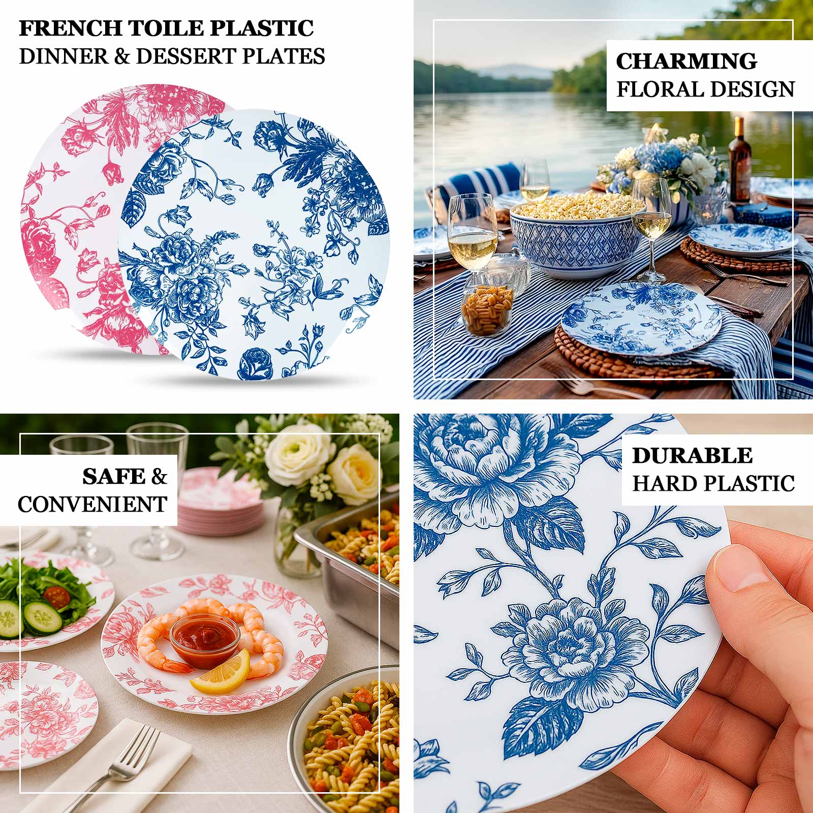 10-Pack French Toile Plastic Party Plates – Blue & White Floral, 10" Round Disposable Dinner Plates