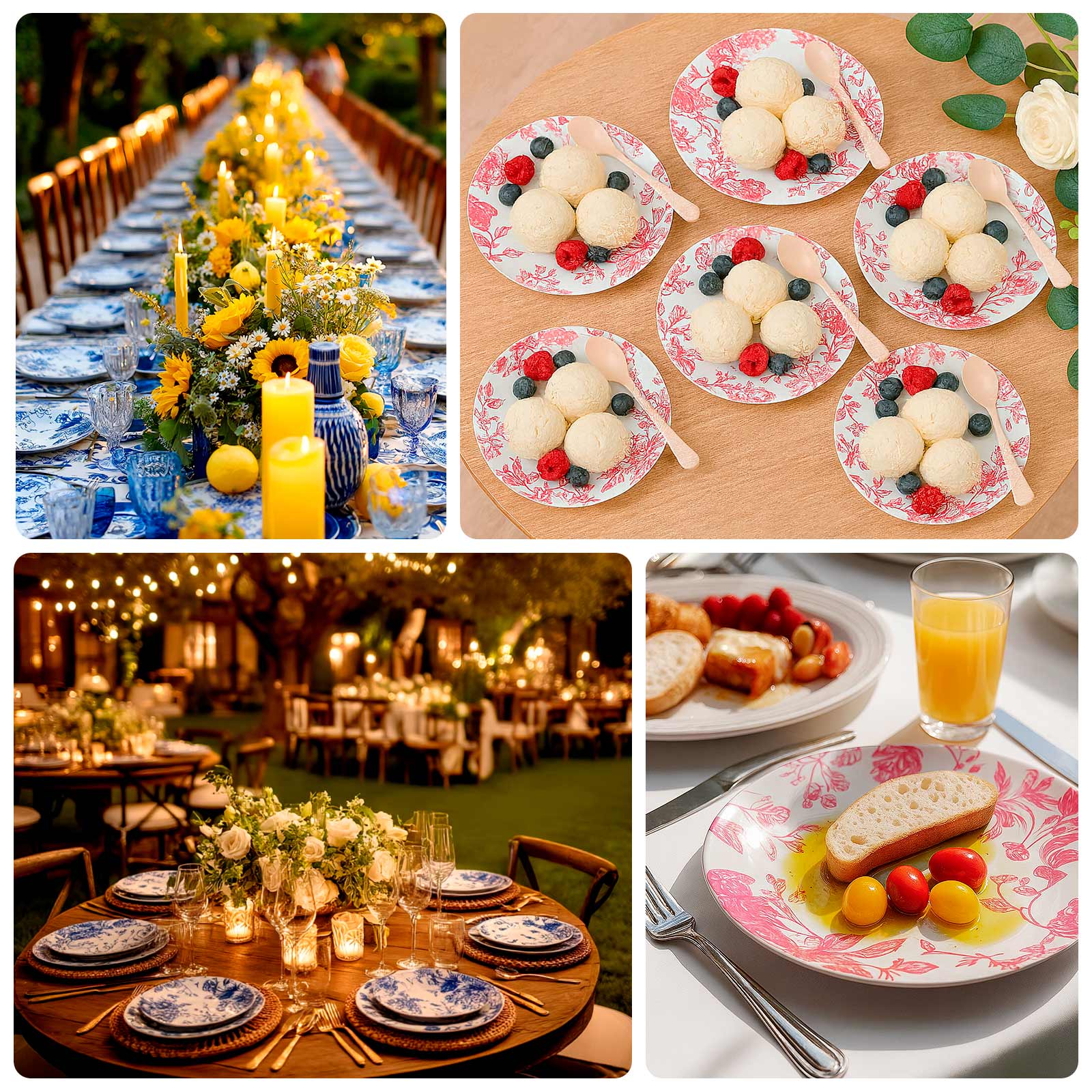 10-Pack French Toile Plastic Party Plates – Blue & White Floral, 10" Round Disposable Dinner Plates