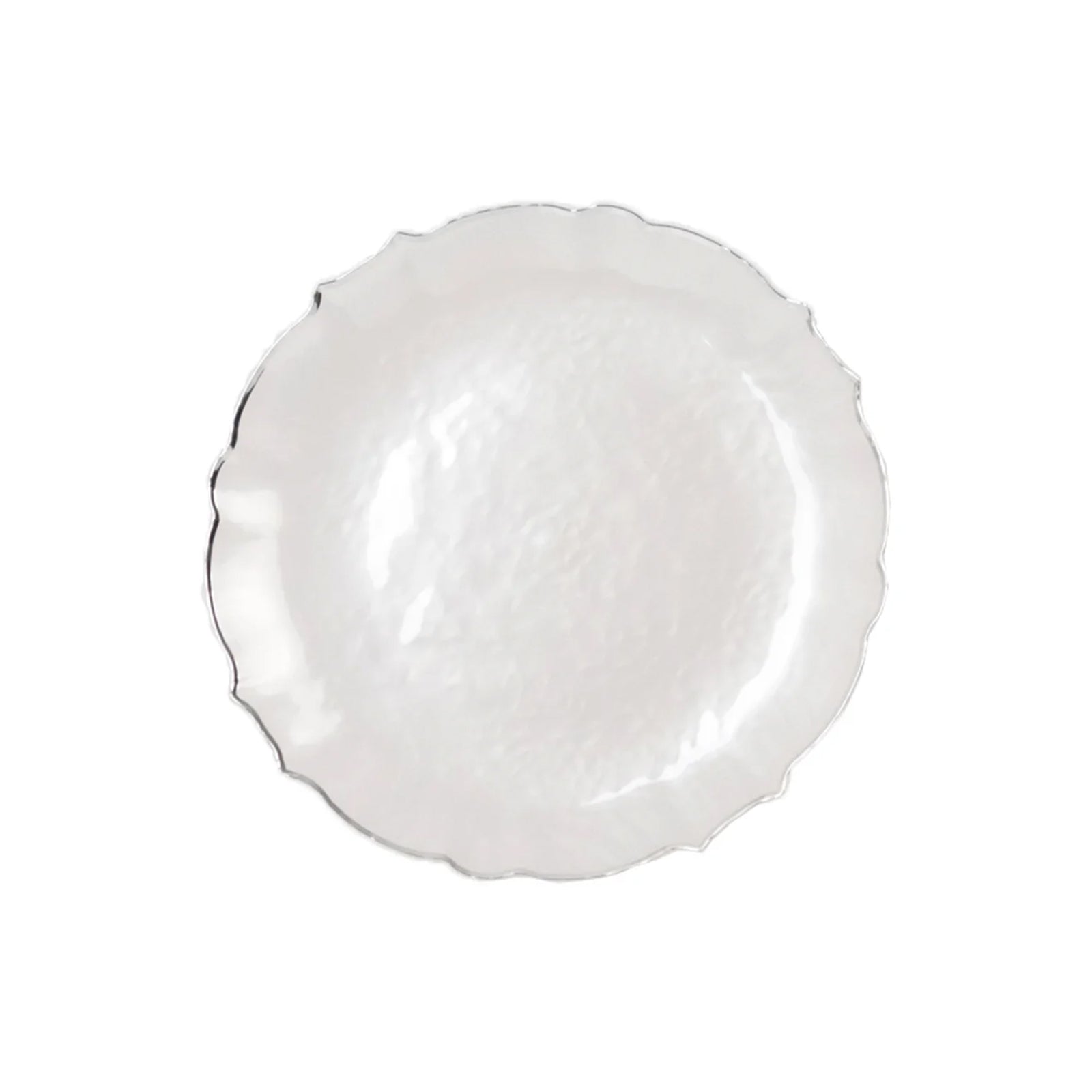 10-Pack Plastic 10" Round Dinner Plates in Pearl White Sunflower with Silver Scalloped Rim - Disposable Party Plates for Classy Events & Banquets