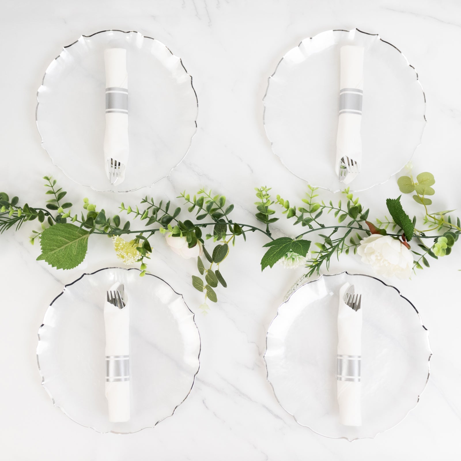 10-Pack Plastic 10" Round Dinner Plates in Pearl White Sunflower with Silver Scalloped Rim - Disposable Party Plates for Classy Events & Banquets