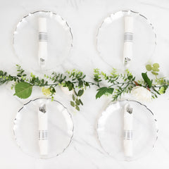 10-Pack Plastic 10" Round Dinner Plates in Pearl White Sunflower with Silver Scalloped Rim - Disposable Party Plates for Classy Events & Banquets