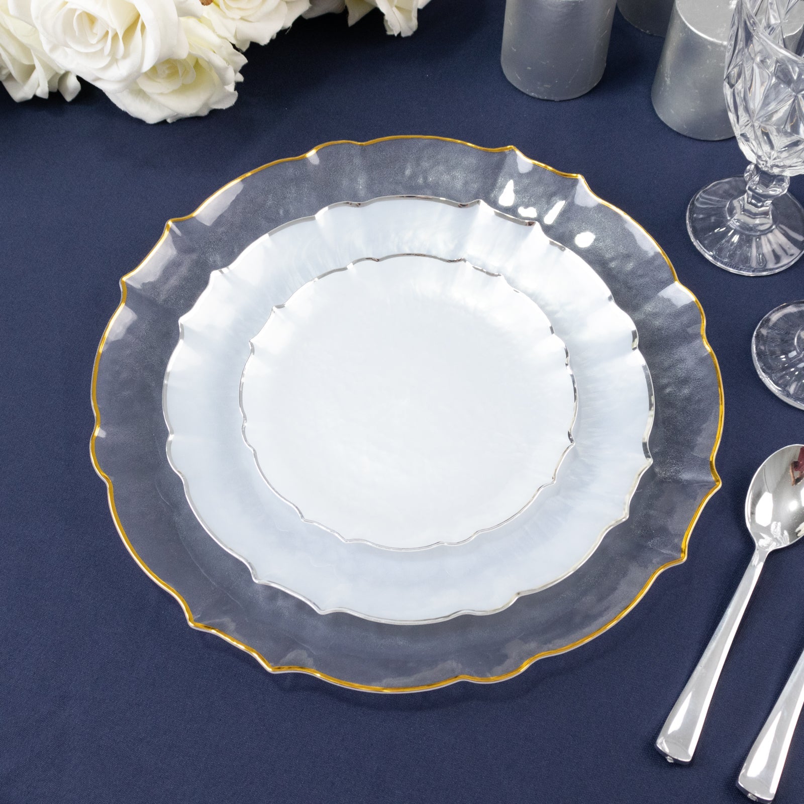 10-Pack Plastic 10" Round Dinner Plates in Pearl White Sunflower with Silver Scalloped Rim - Disposable Party Plates for Classy Events & Banquets