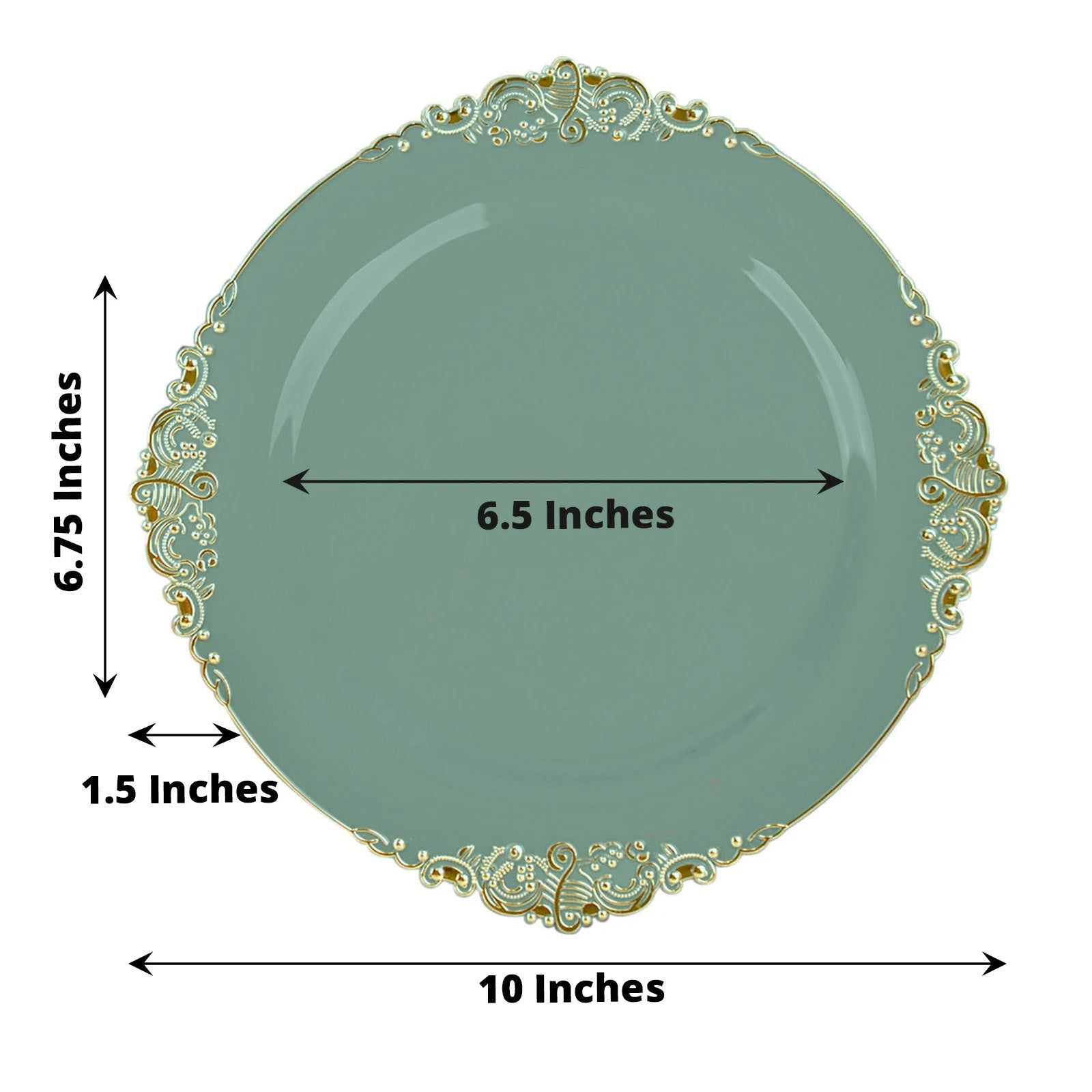 10-Pack Plastic 10" Round Dinner Plates in Dusty Sage Green with Gold Leaf Embossed Rim - Disposable Vintage Baroque Style Plates