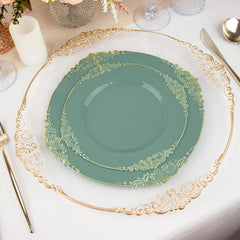 10-Pack Plastic 10" Round Dinner Plates in Dusty Sage Green with Gold Leaf Embossed Rim - Disposable Vintage Baroque Style Plates