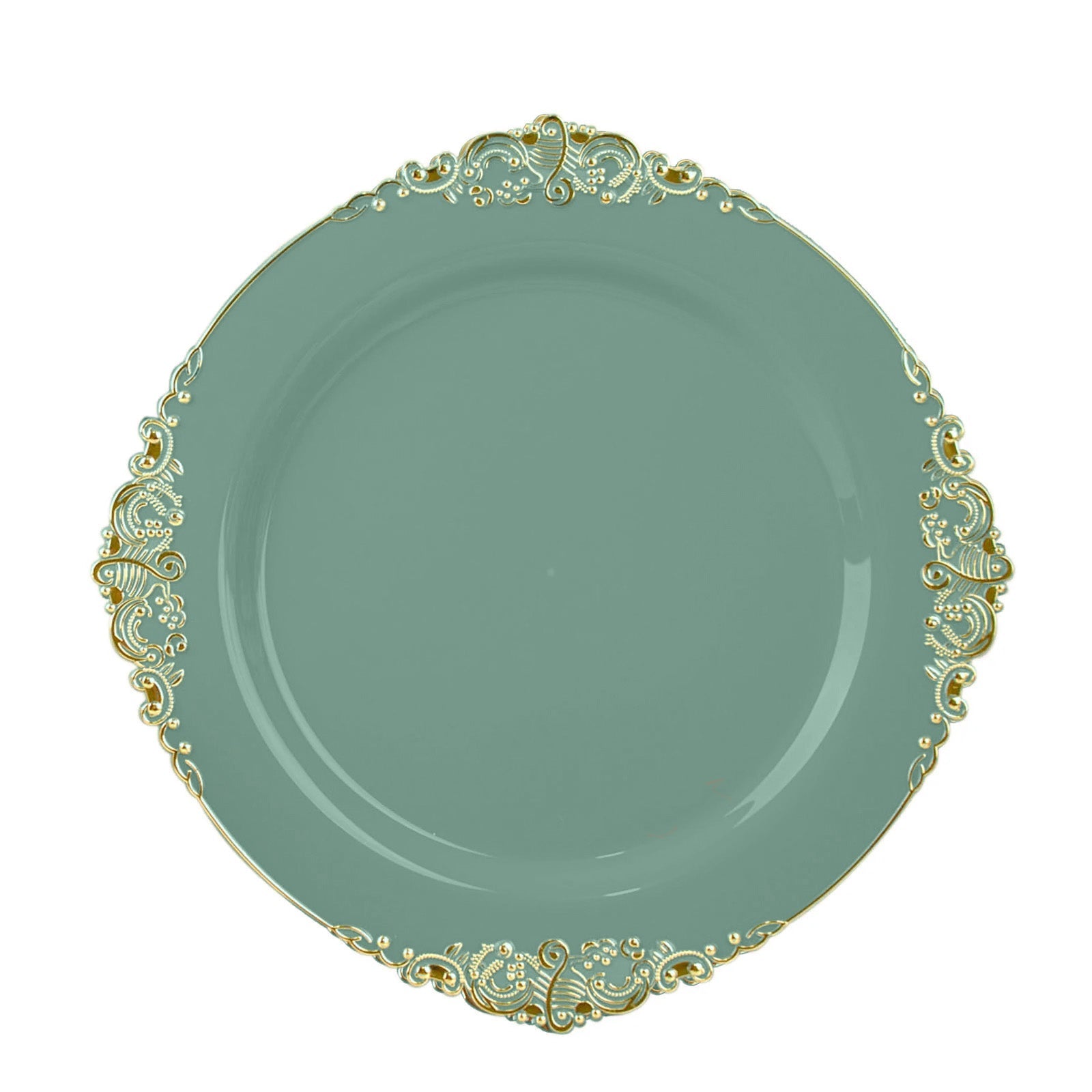 10-Pack Plastic 8" Round Dessert Plates in Dusty Sage Green with Gold Leaf Embossed Rim - Disposable Vintage Baroque Style Salad Plates