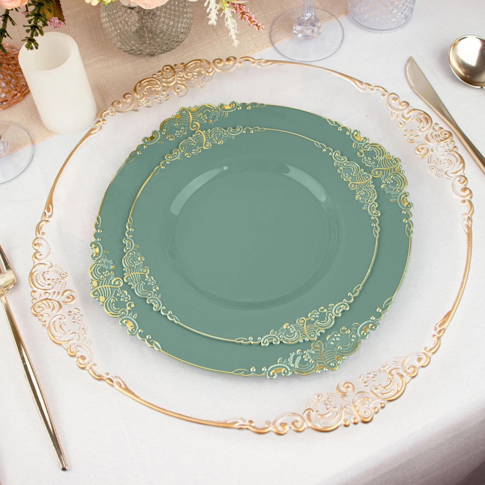 10-Pack Plastic 8" Round Dessert Plates in Dusty Sage Green with Gold Leaf Embossed Rim - Disposable Vintage Baroque Style Salad Plates