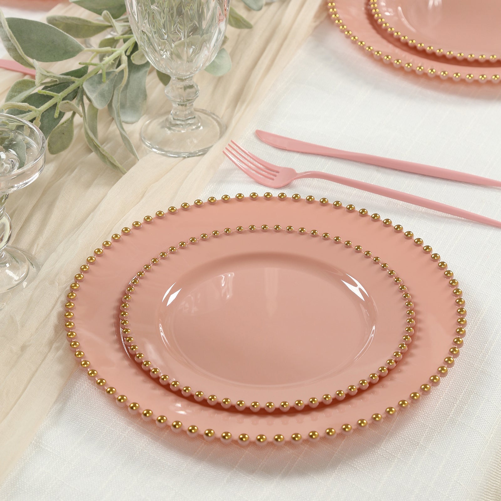 10-Pack Plastic 10" Round Dinner Plates in Dusty Rose with Gold Beaded Rim - Disposable Party Plates for Banquets & Festive Occasions