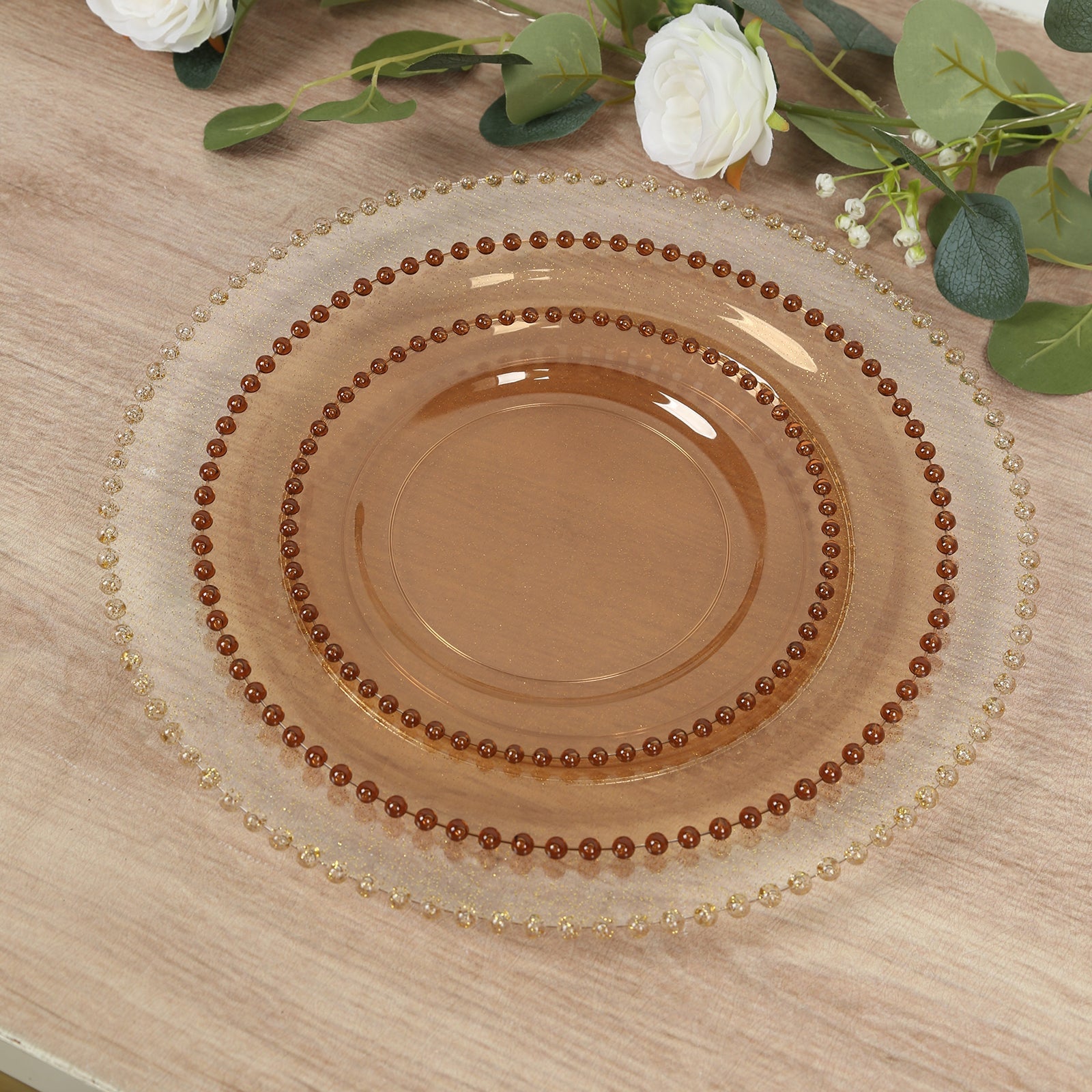 10-Pack Plastic 10" Round Dinner Plates in Amber Gold with Beaded Rim - Disposable Party Plates for Banquets & Festive Occasions