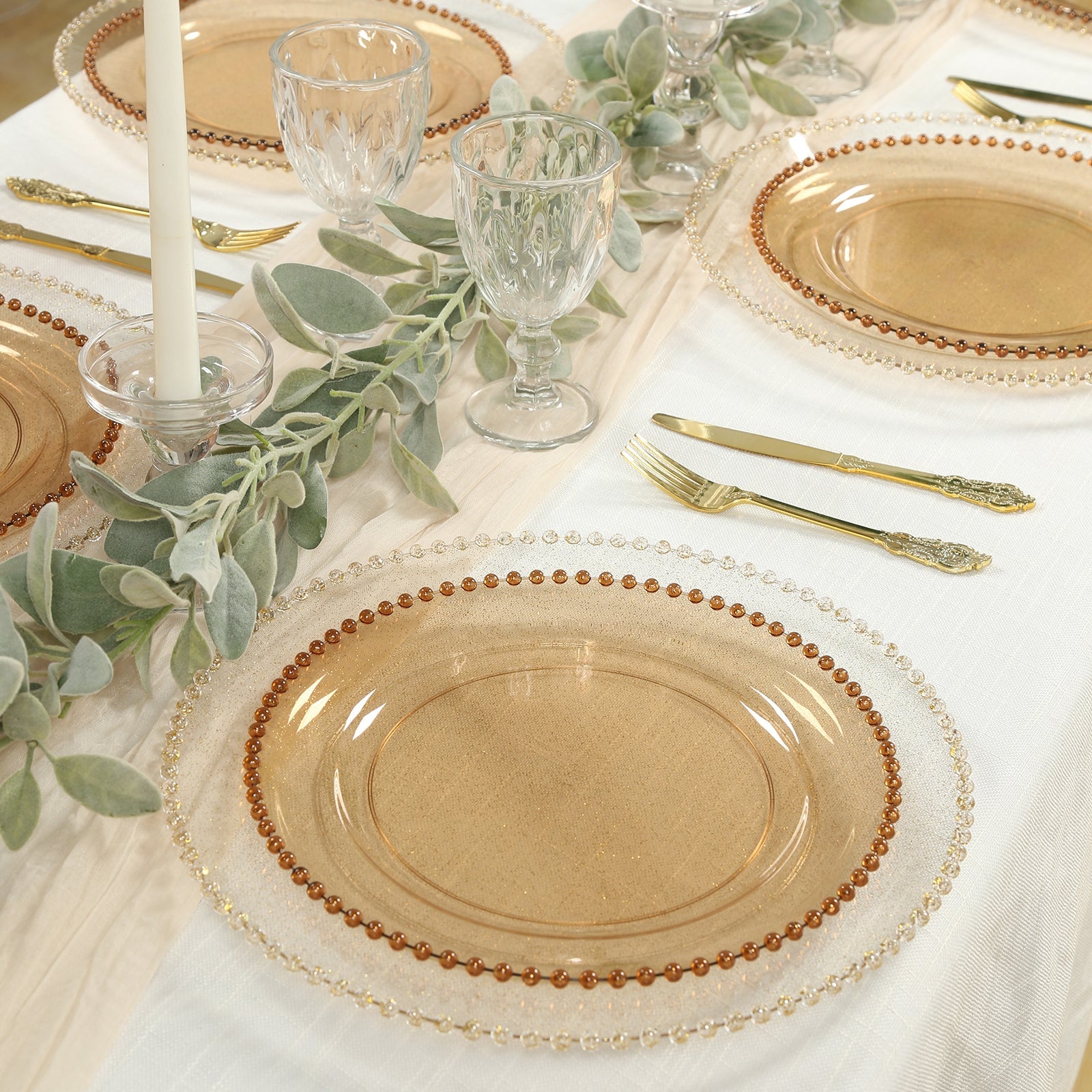 10-Pack Plastic 10" Round Dinner Plates in Amber Gold with Beaded Rim - Disposable Party Plates for Banquets & Festive Occasions