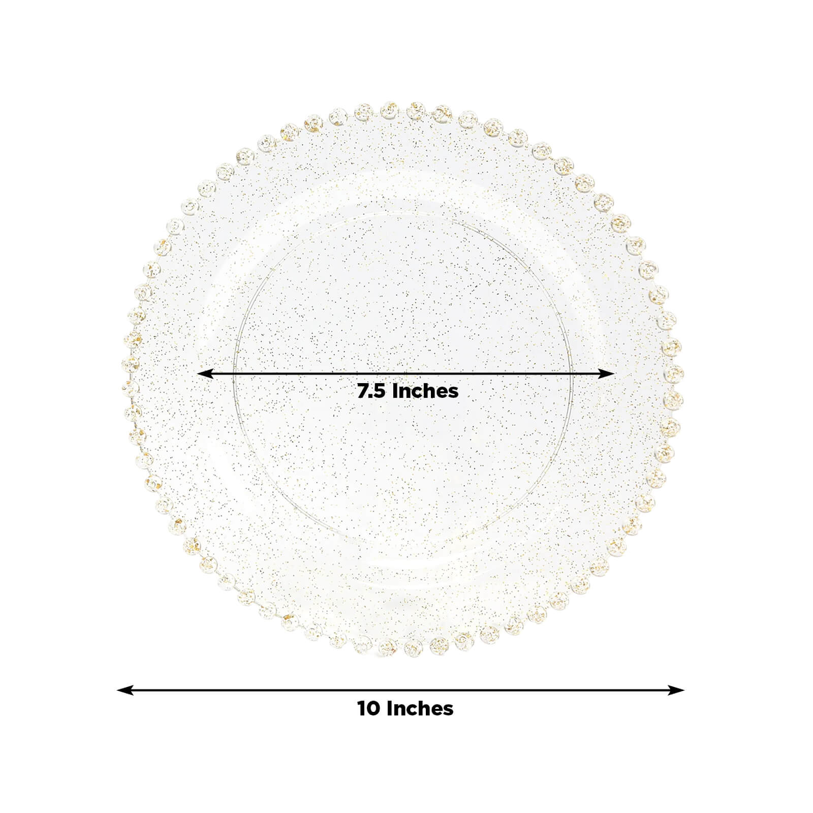10-Pack Plastic 10" Round Dinner Plates in Clear Gold Glittered with Beaded Rim - Disposable Party Plates for Banquets & Festive Occasions