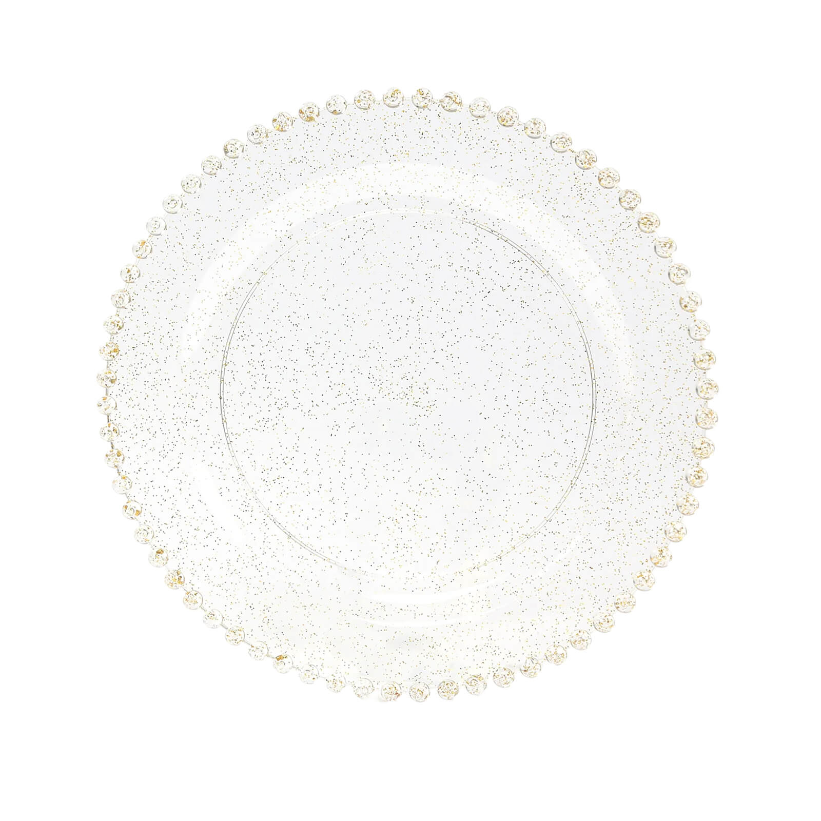10-Pack Plastic 10" Round Dinner Plates in Clear Gold Glittered with Beaded Rim - Disposable Party Plates for Banquets & Festive Occasions