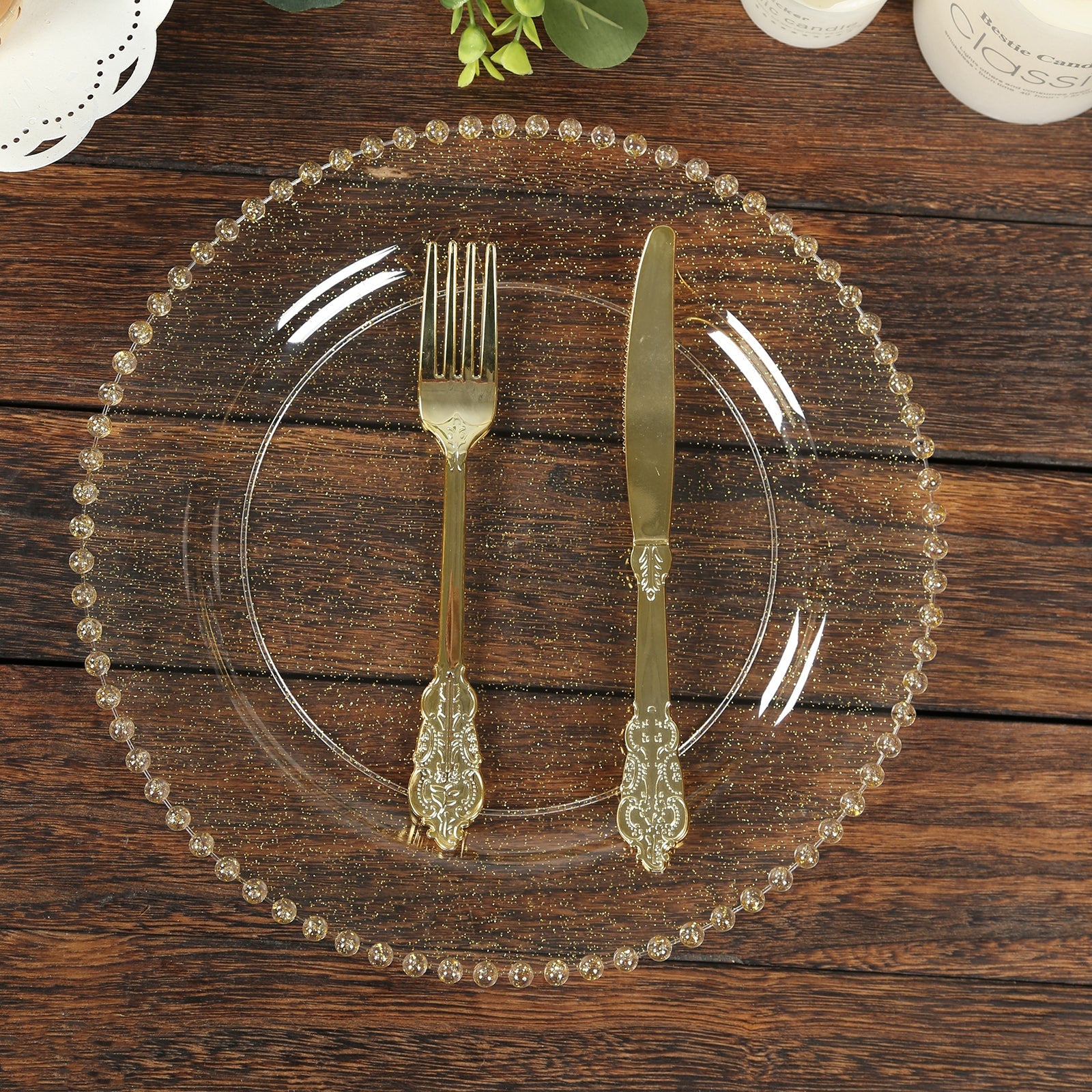 10-Pack Plastic 10" Round Dinner Plates in Clear Gold Glittered with Beaded Rim - Disposable Party Plates for Banquets & Festive Occasions