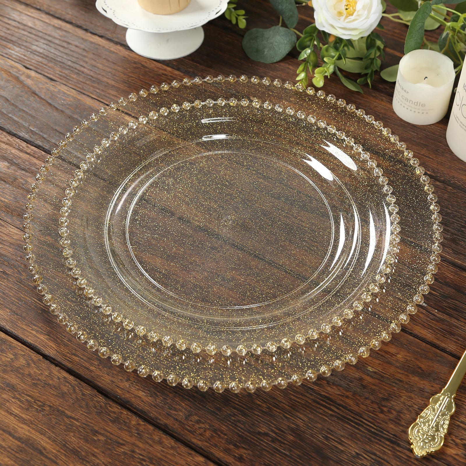 10-Pack Plastic 10" Round Dinner Plates in Clear Gold Glittered with Beaded Rim - Disposable Party Plates for Banquets & Festive Occasions