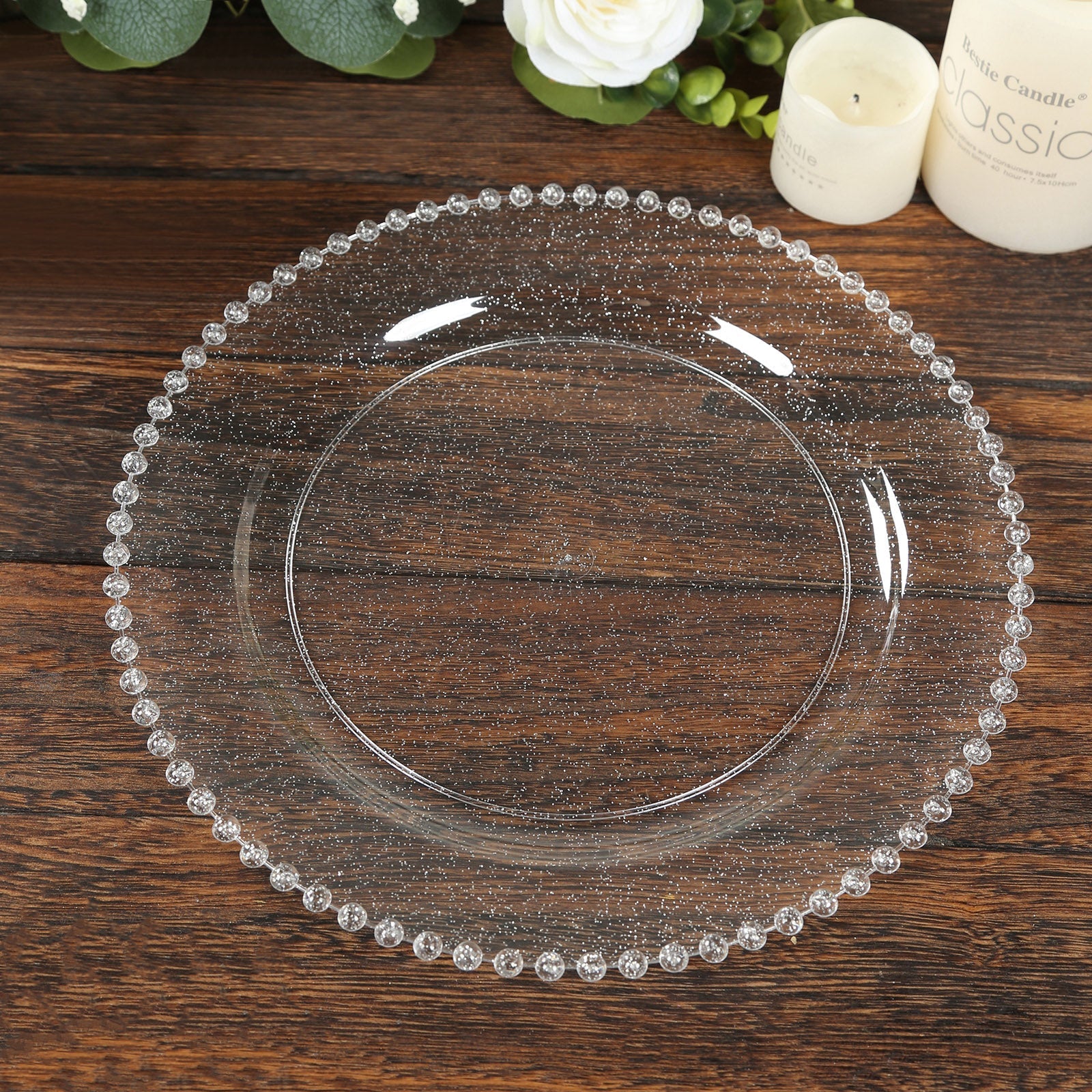 10-Pack Plastic 10" Round Dinner Plates in Clear Silver Glittered with Beaded Rim - Disposable Party Plates for Banquets & Festive Occasions