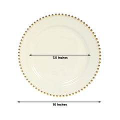 10-Pack Plastic 10" Round Dinner Plates in Ivory with Gold Beaded Rim - Disposable Party Plates for Banquets & Festive Occasions