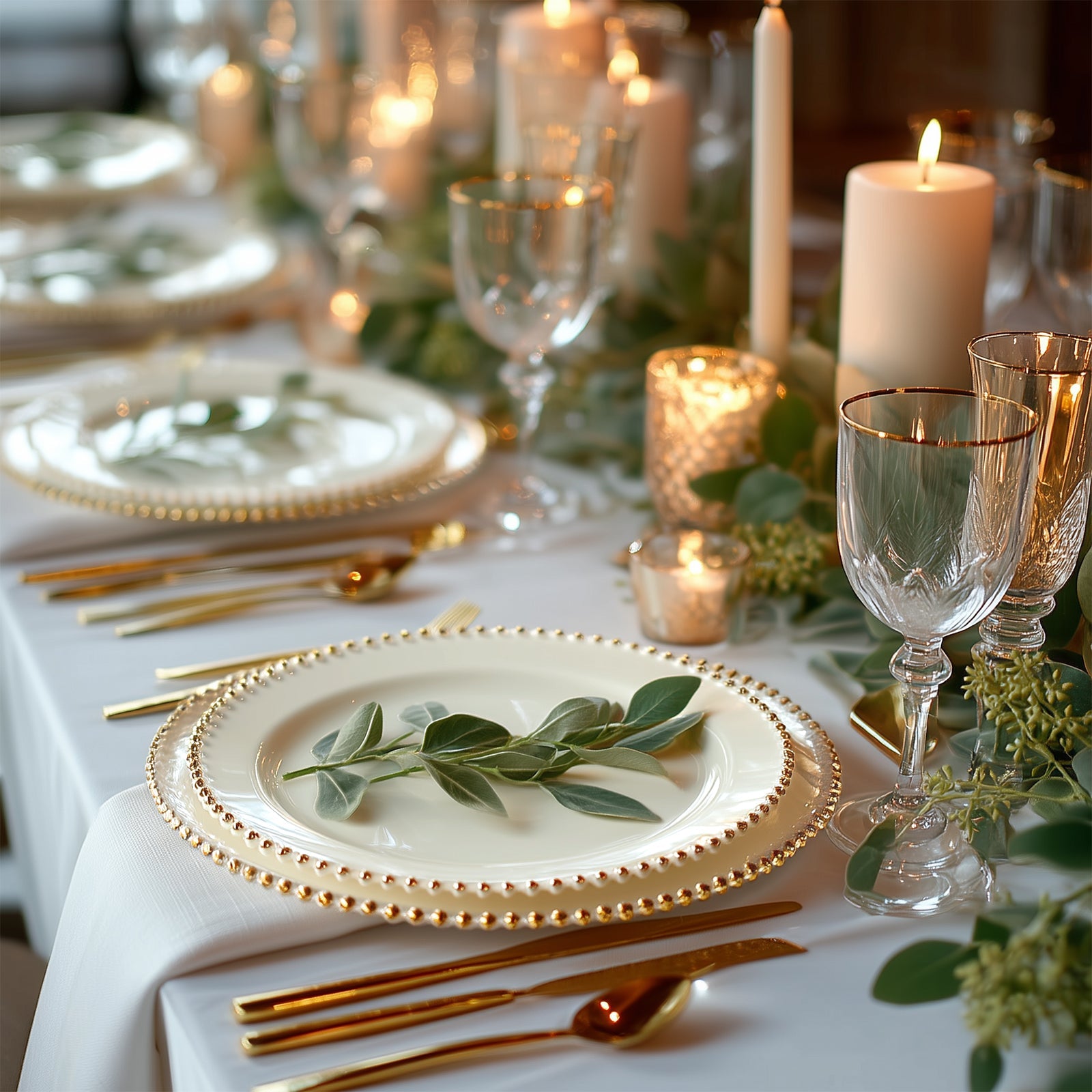 10-Pack Plastic 10" Round Dinner Plates in Ivory with Gold Beaded Rim - Disposable Party Plates for Banquets & Festive Occasions