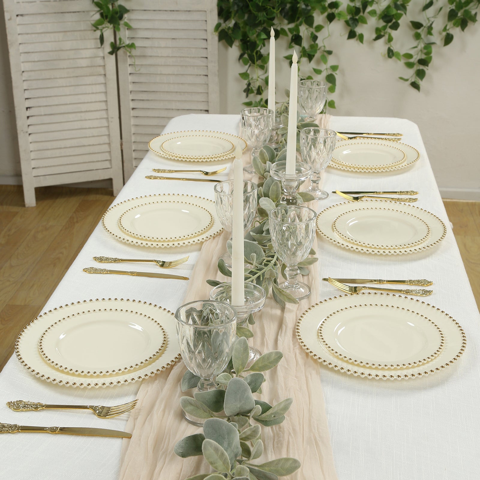 10-Pack Plastic 10" Round Dinner Plates in Ivory with Gold Beaded Rim - Disposable Party Plates for Banquets & Festive Occasions