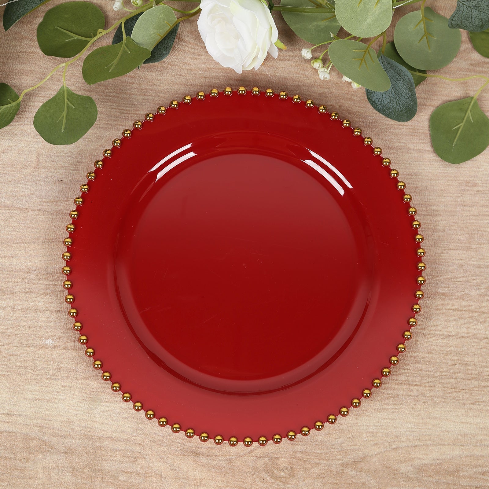 10-Pack Plastic 10" Round Dinner Plates in Red with Gold Beaded Rim - Disposable Party Plates for Banquets & Festive Occasions