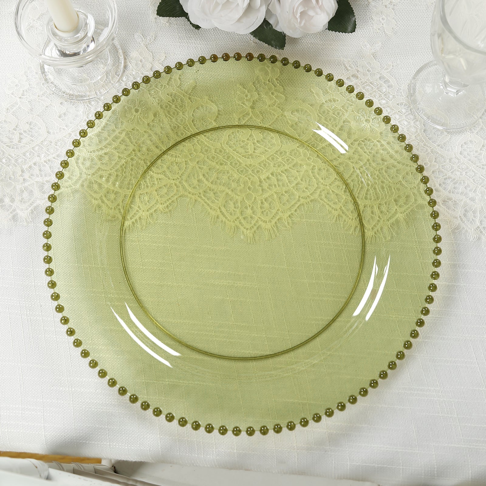 10-Pack Plastic 10" Round Dinner Plates in Transparent Dusty Sage Green with Beaded Rim - Disposable Party Plates for Banquets & Festive Occasions