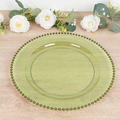 10-Pack Plastic 10" Round Dinner Plates in Transparent Dusty Sage Green with Beaded Rim - Disposable Party Plates for Banquets & Festive Occasions