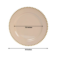 10-Pack Plastic 10" Round Dinner Plates in Taupe with Gold Beaded Rim - Disposable Party Plates for Banquets & Festive Occasions