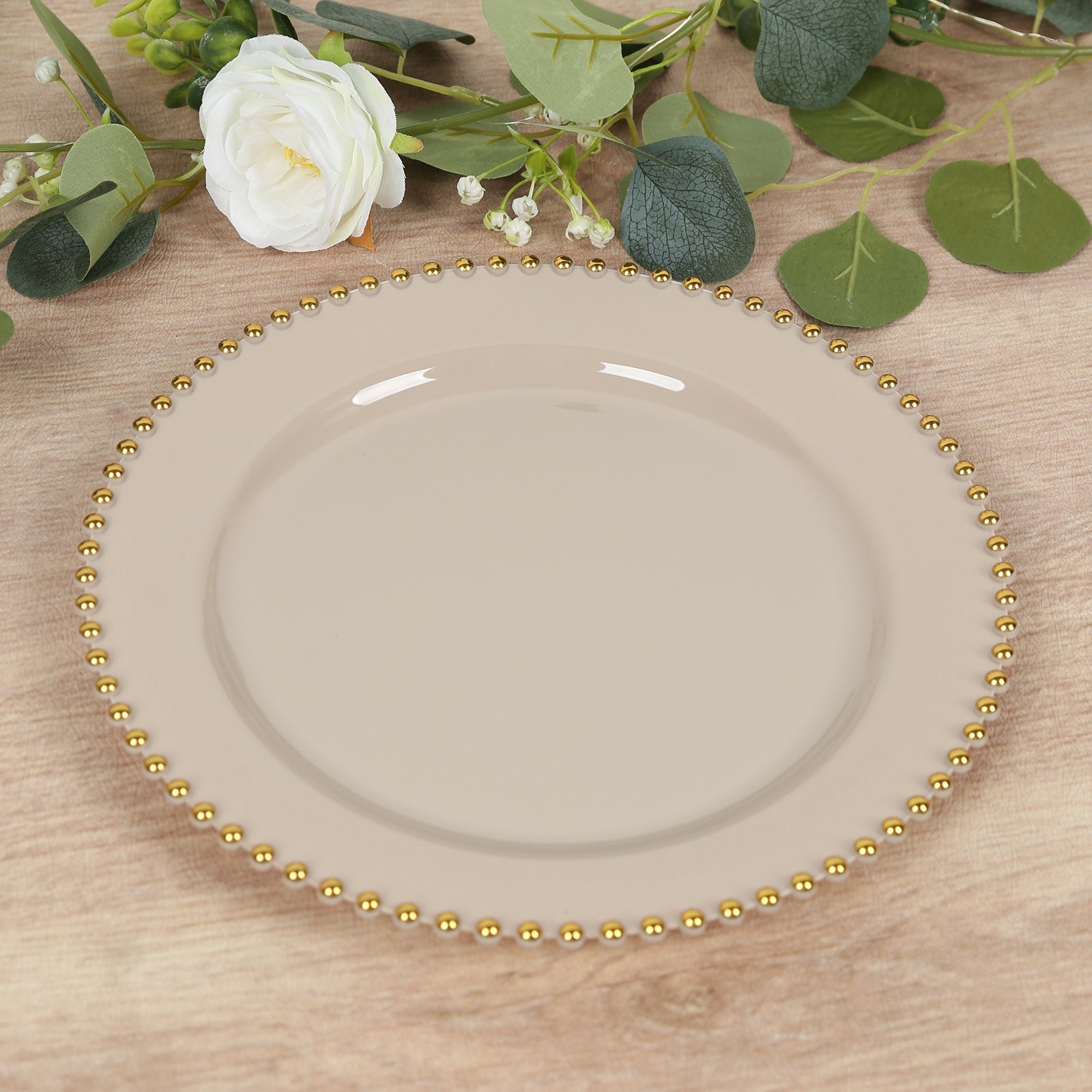 10-Pack Plastic 10" Round Dinner Plates in Taupe with Gold Beaded Rim - Disposable Party Plates for Banquets & Festive Occasions