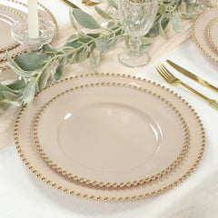 10-Pack Plastic 10" Round Dinner Plates in Taupe with Gold Beaded Rim - Disposable Party Plates for Banquets & Festive Occasions