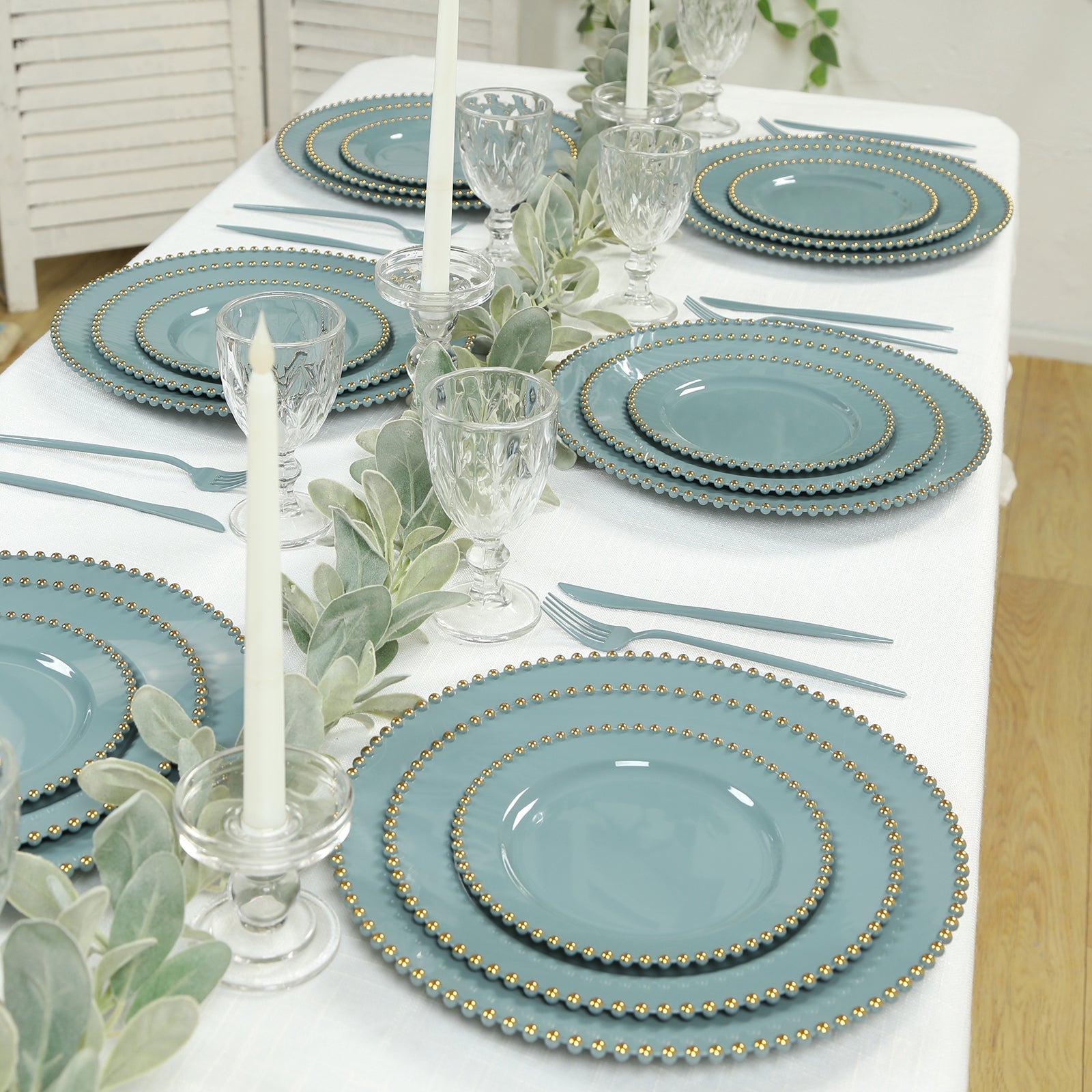 10-Pack Dusty Blue Plastic Dessert Plates – 8" Round with Gold Beaded Rim, Disposable for Parties & Events