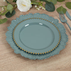 10-Pack Dusty Blue Plastic Dessert Plates – 8" Round with Gold Beaded Rim, Disposable for Parties & Events