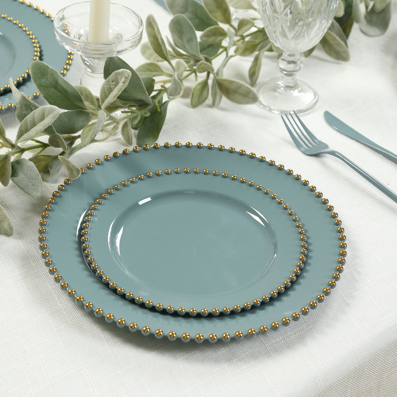 10-Pack Dusty Blue Plastic Dessert Plates – 8" Round with Gold Beaded Rim, Disposable for Parties & Events