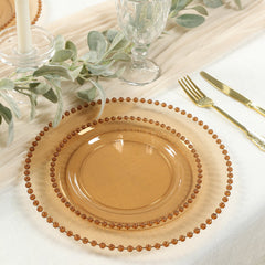 10-Pack Amber Gold Plastic Dessert Plates – 8" Round with Beaded Rim, Disposable for Parties & Events