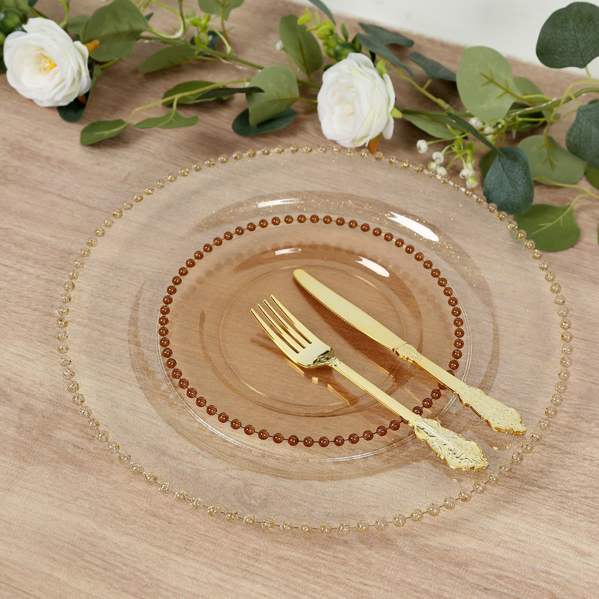 10-Pack Amber Gold Plastic Dessert Plates – 8" Round with Beaded Rim, Disposable for Parties & Events