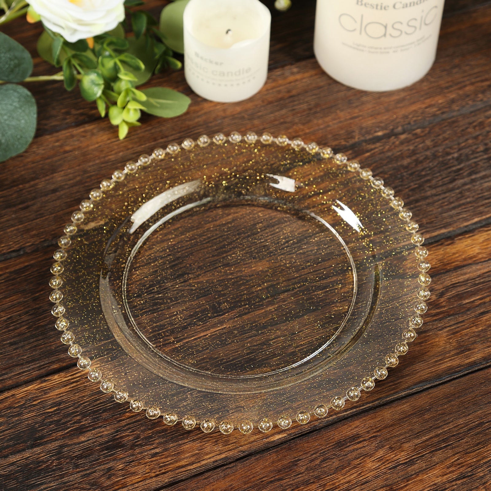 10-Pack Clear Gold Glittered Plastic Dessert Plates – 8" Round with Beaded Rim, Disposable for Parties & Events