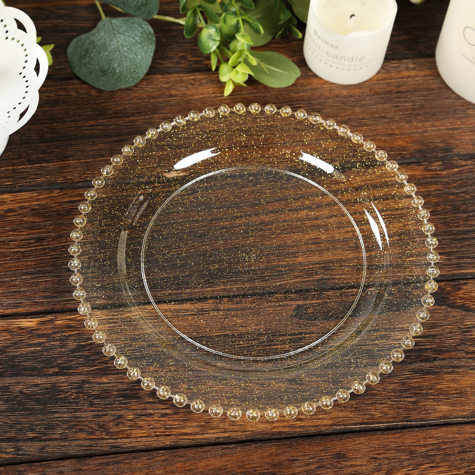 10-Pack Clear Gold Glittered Plastic Dessert Plates – 8" Round with Beaded Rim, Disposable for Parties & Events