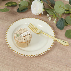 10-Pack Ivory Plastic Dessert Plates – 8" Round with Gold Beaded Rim, Disposable for Parties & Events