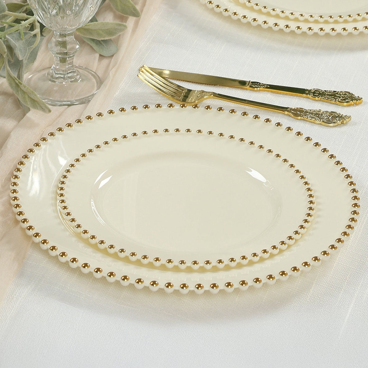 10-Pack Ivory Plastic Dessert Plates – 8" Round with Gold Beaded Rim, Disposable for Parties & Events
