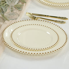 10-Pack Ivory Plastic Dessert Plates – 8" Round with Gold Beaded Rim, Disposable for Parties & Events