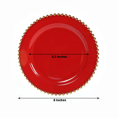 10-Pack Red Plastic Dessert Plates – 8" Round with Gold Beaded Rim, Disposable for Parties & Events