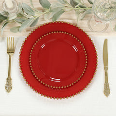 10-Pack Red Plastic Dessert Plates – 8" Round with Gold Beaded Rim, Disposable for Parties & Events