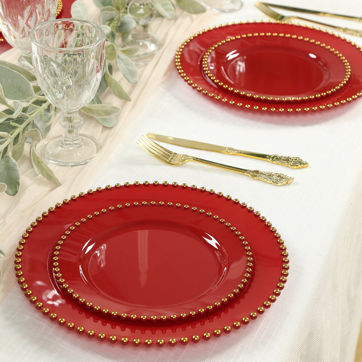 10-Pack Red Plastic Dessert Plates – 8" Round with Gold Beaded Rim, Disposable for Parties & Events