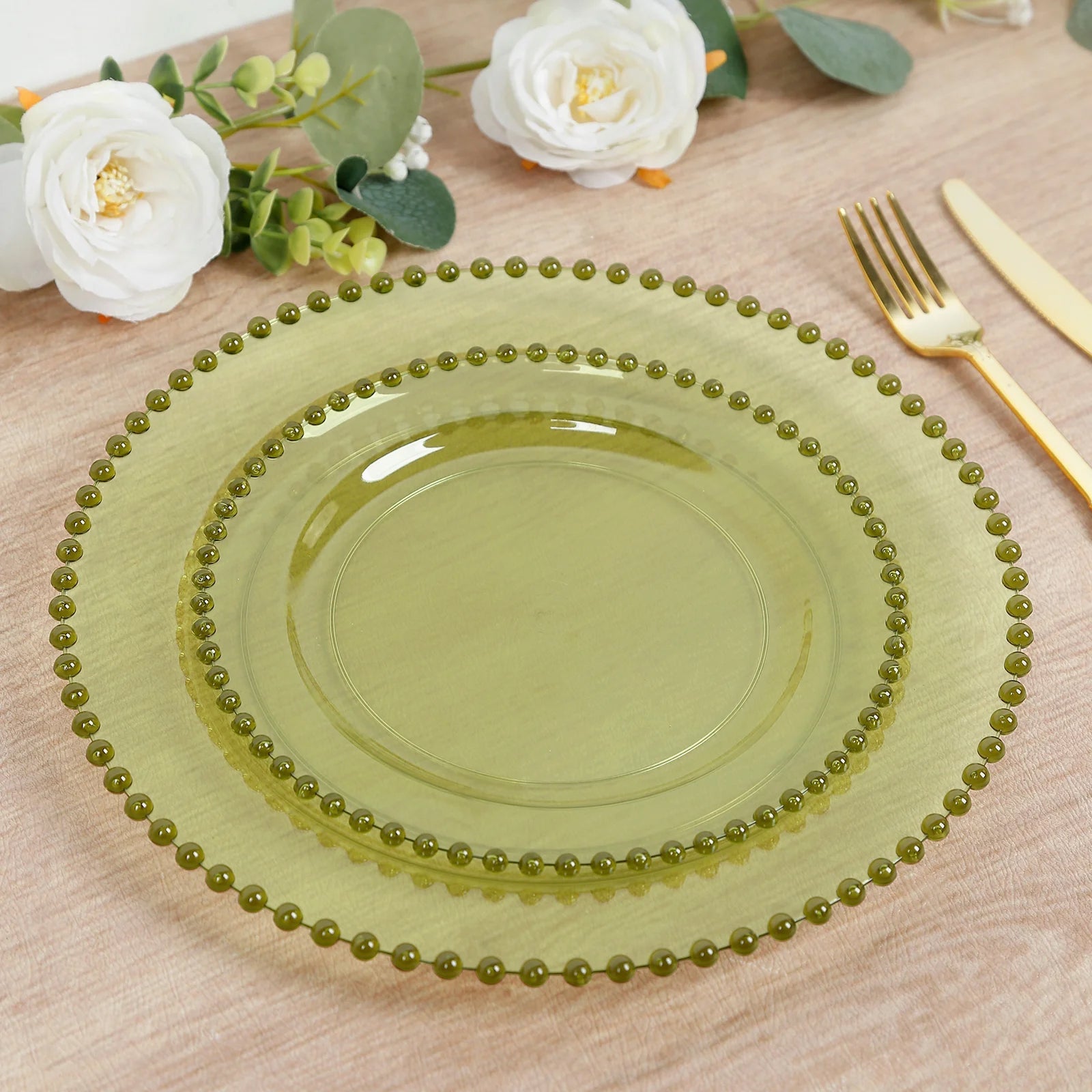 10-Pack Transparent Dusty Sage Green Plastic Dessert Plates – 8" Round with Beaded Rim, Disposable for Parties & Events