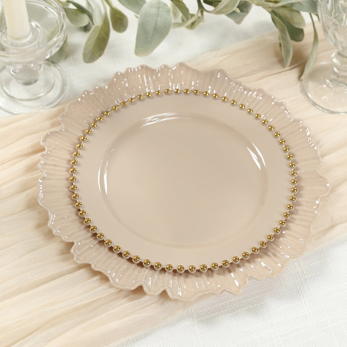 10-Pack Taupe Plastic Dessert Plates – 8" Round with Gold Beaded Rim, Disposable for Parties & Events