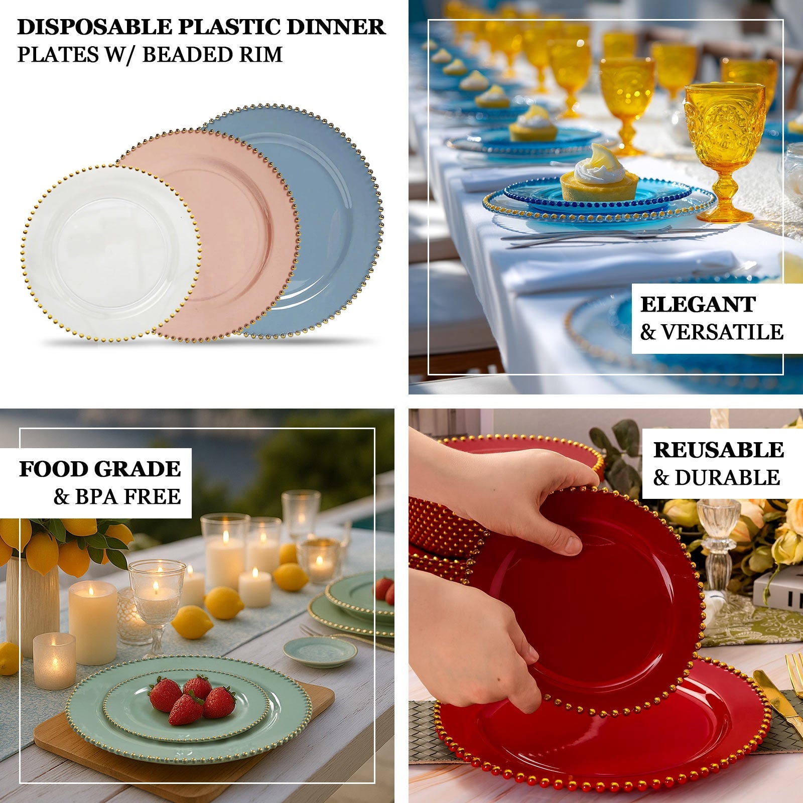 10-Pack Plastic 10" Round Dinner Plates in Amber Gold with Beaded Rim - Disposable Party Plates for Banquets & Festive Occasions