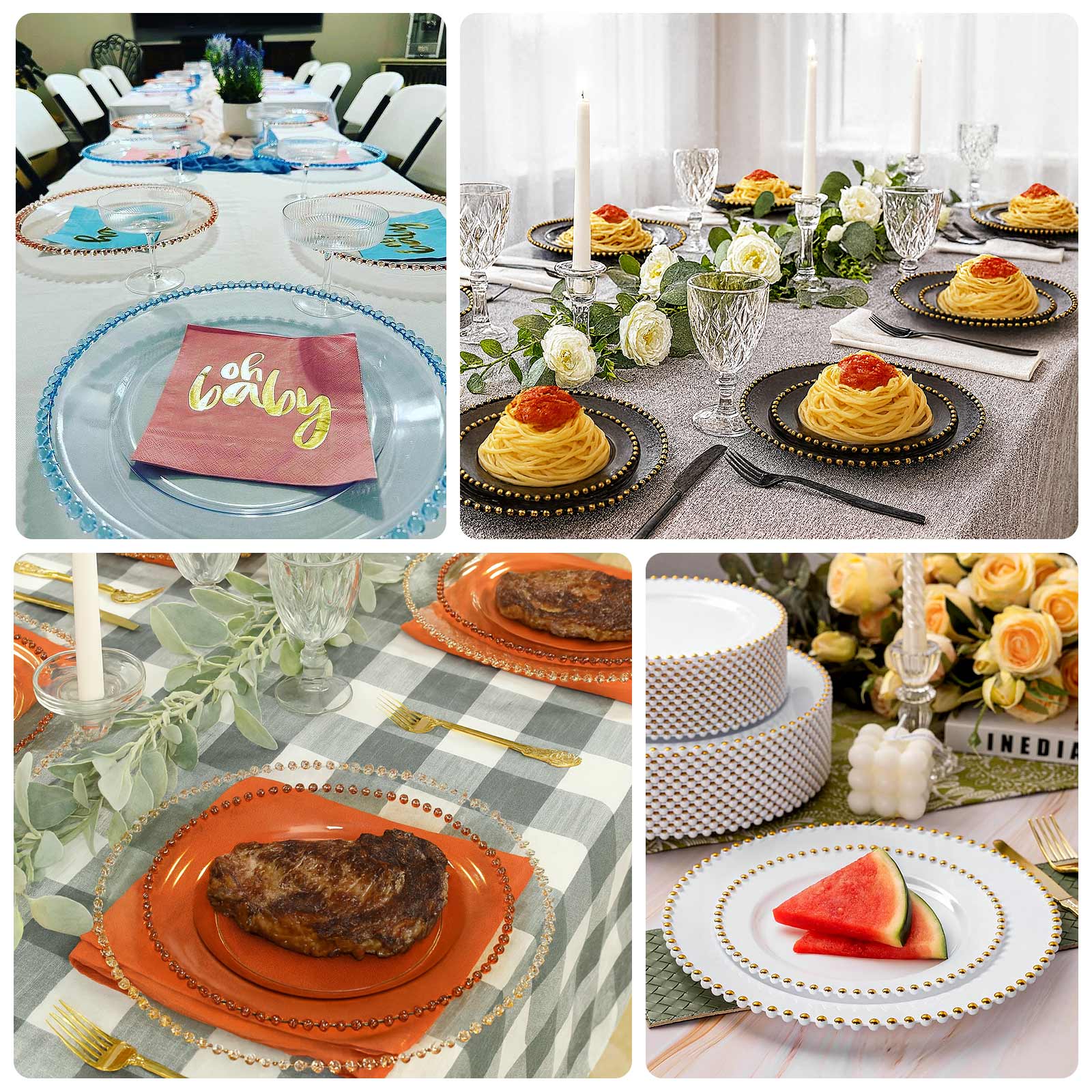 10-Pack Plastic 10" Round Dinner Plates in Amber Gold with Beaded Rim - Disposable Party Plates for Banquets & Festive Occasions