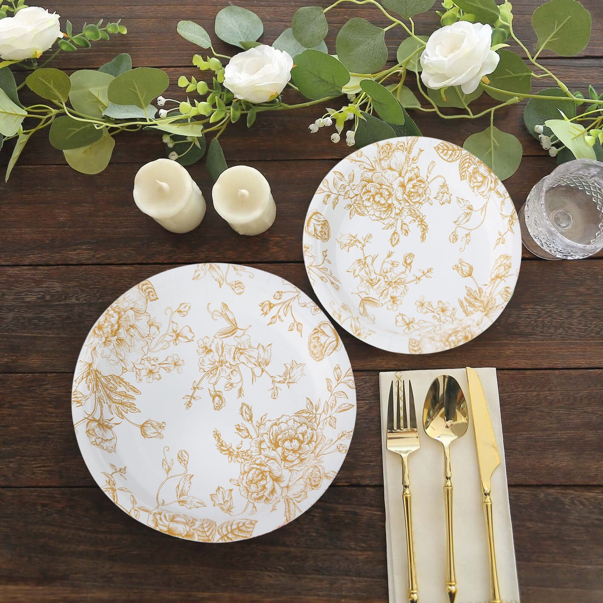 25-Pack Paper 9" Round Dinner Plates in White with Gold French Toile Pattern - Disposable Floral Party Plates for Stylish Events