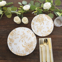 25-Pack Paper 9" Round Dinner Plates in White with Gold French Toile Pattern - Disposable Floral Party Plates for Stylish Events